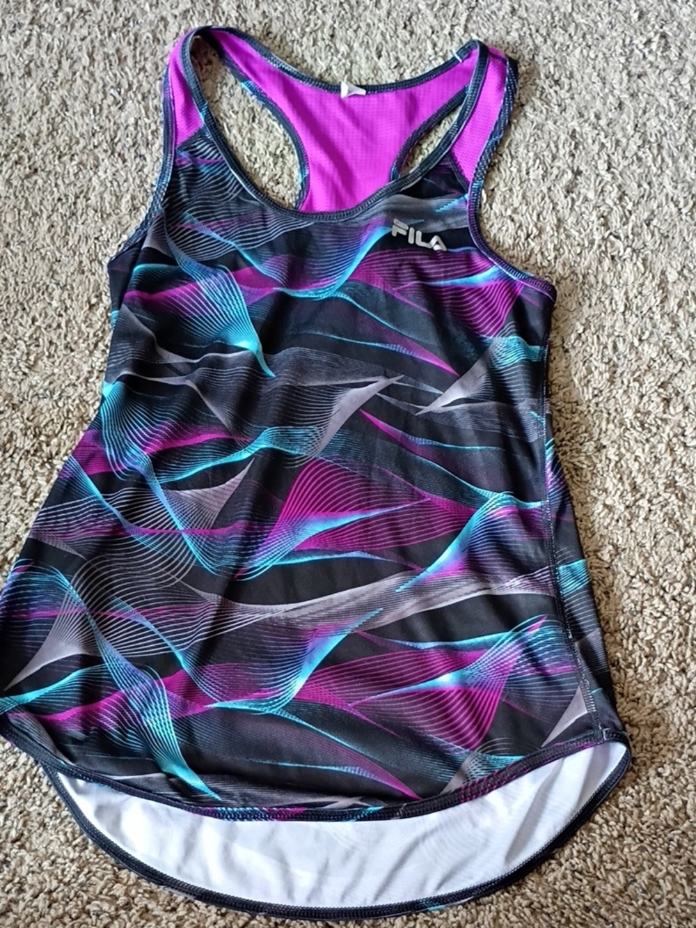 FILA Black Racerback Tank with Pink & Teal Wave Design